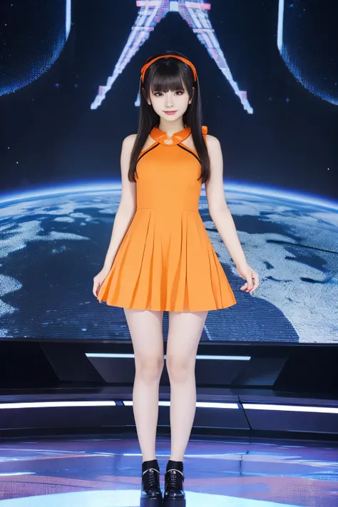 cyber idol、 　、Full body Esbian、、 、Cyber orange tight mini dress、is emitting light