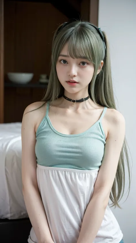 17 years old, Hatsune Miku, city, green hair, green eyes, vocaloid, girl in need, collar, white shirt, t-shirt, blue short, sleeveless, looking at viewer, standing