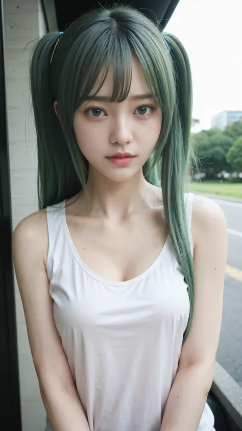 Hatsune Miku, city, green hair, green eyes, vocaloid, girl in need, collar, white shirt, t-shirt, blue short, sleeveless, looking at viewer, standing