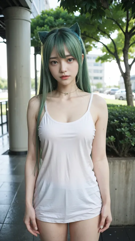 Hatsune Miku, city, green hair, green eyes, vocaloid, girl in need, collar, white shirt, t-shirt, blue short, sleeveless, looking at viewer, standing