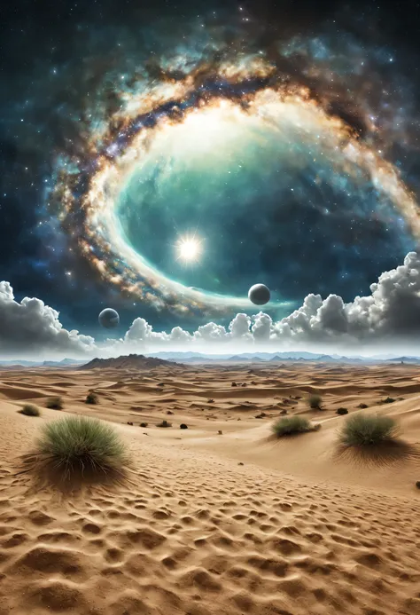 summer, desert, emerald dust, Sky, large clouds, blue-Sky, Milky Way, planet, The weather is hot, HD details, Super detailed, kinematics, Surrealism, soft light, Deep field focus bokeh, The distant landscape is a desert with no end, Ray tracing, 这是Surreali...