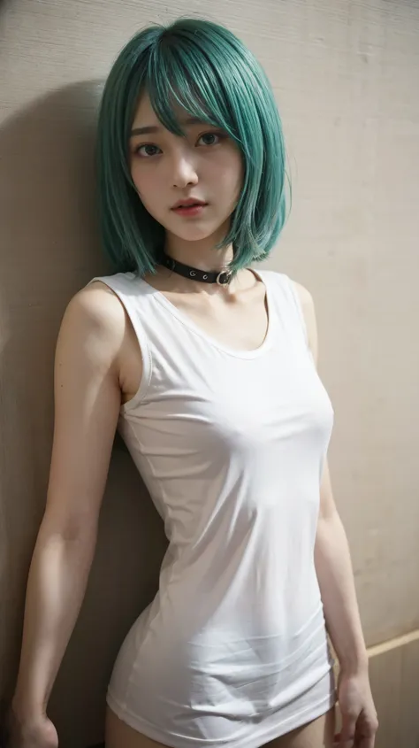 22 years old, Hatsune Miku, city, green hair, green eyes, vocaloid, girl in need, collar, white shirt, t-shirt, blue short, sleeveless, looking at viewer, standing