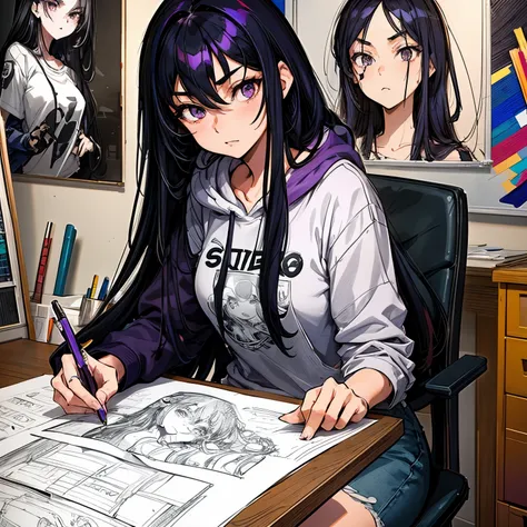 A beautiful and sexy artist girl, black hair,long hair, purple eyes, wearing a hoodie graphic t-shirt and torn skinny jeans, sitting at her drafting table, drawing a pencil sketch of a highly detailed super hero in her sketch pad, in an art studio, highly ...