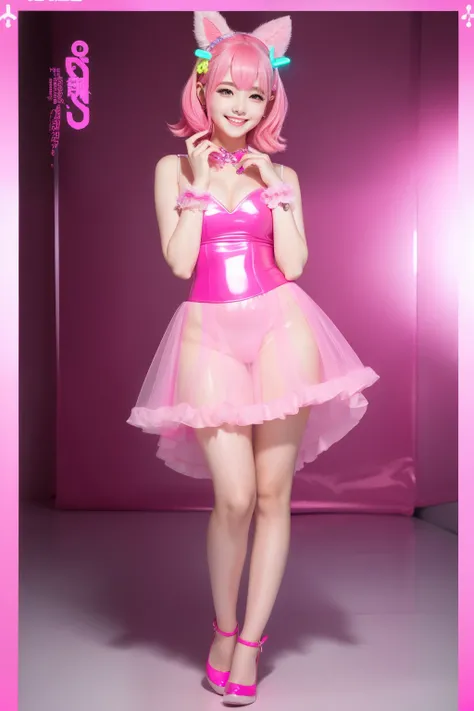 
female idol、smiling face、full body Esbian、sheer latex dress（neon pink）、Colorful hair、