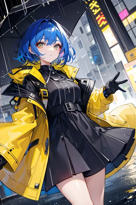 1girl, with vibrant makeup, in a night city covered in heavy rain, wearing an elegant yellow coat, looking up with a confident expression.