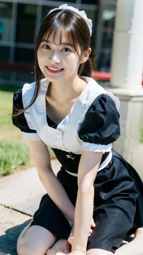 Maid clothesを着た女の子、16 years old、Maid clothes、mini skirt、 dress、own hugging feet,（master piece：1.3）、（clear pictures）、Raw photo、（highest quality、master piece：1.2）、realistic skin texture、（detailed background : 1.2)、