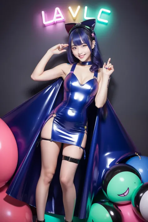 female idol、smiling face、full body Esbian、sexy latex dress（neon indigo）、multicolor hair、