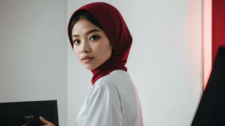 1 malay women in dark red hijab wearing big oversized long sleeve white Tshirt and a dark red cargo pants in studio, cute pose, 8mm lens, close-up, pastel color grading, depth of field cinematography effect, film noir genre, 8k resolution, high quality, ul...