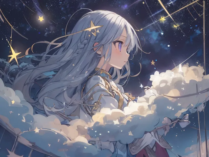 confused, High resolution, (An illustration: 1.3)、 ((pieces fly)), anime、((highest quality)), (Super detailed), (beautiful), ((A girl looking up towards the detailed stars in the night sky:1.6)), alone,(12 years old:1.6)、cute face、Full body Esbian、white an...