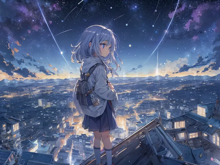 confused, High resolution, (An illustration: 1.3)、 ((pieces fly)), anime、((highest quality)), (Super detailed), (beautiful), ((A girl looking up towards the detailed stars in the night sky:1.6)), alone,(12 years old:1.6)、cute face、Full body Esbian、white an...