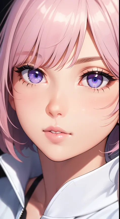 ((((close up of face)))),8K,(masterpiece, highest quality), intricate details, thin, ((slim)), beautiful girl, light pink hair, white skin, light purple eyes, sharp jaw line, cropped jacket, messy hair, plump lips,, close, 