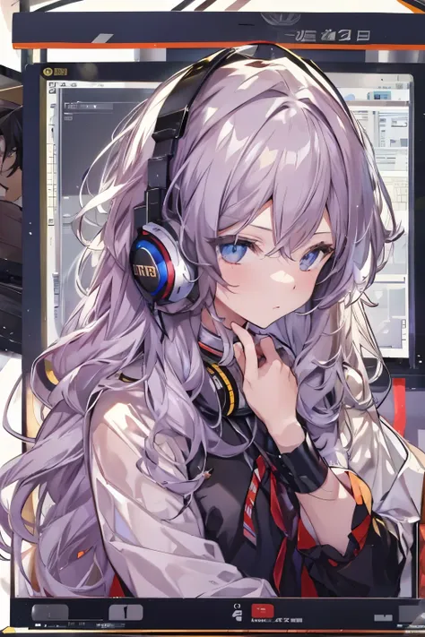 golden eyes、woman using computer with big screen、silber hair、semi-long hair、wearing cool headphones,{{{{{{{{ black parker oversi...