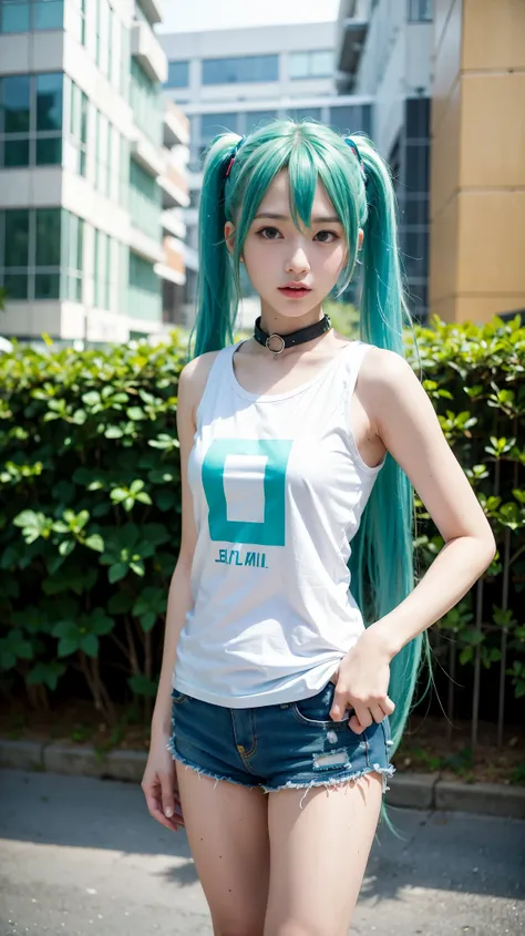 17 years old, Hatsune Miku, city, green hair, green eyes, vocaloid, girl in need, collar, white shirt, t-shirt, blue short, sleeveless, looking at viewer, standing