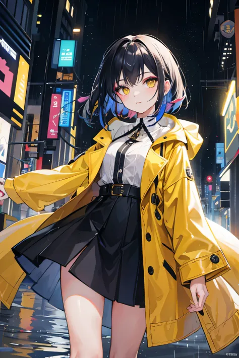 1girl, with vibrant makeup, in a night city covered in heavy rain, wearing an elegant yellow coat, looking up with a confident expression.