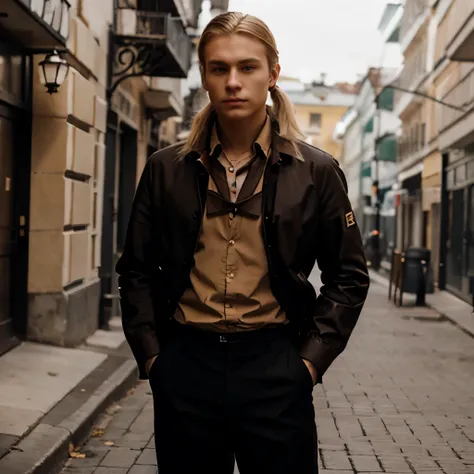 a young russian man wearing a brown button down shirt with gloves black pants and black shoes with blonde hair thats in a pony tail