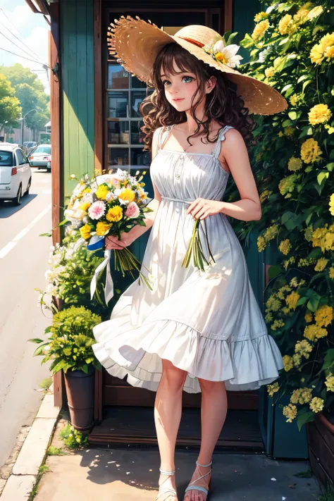 A young woman with curly brown hair and green eyes is standing in front of a flower shop. She is wearing a white sundress, a straw hat, and sandals. She is holding a bouquet of flowers in her hand. The image has a warm, nostalgic feel to it. The edges are ...