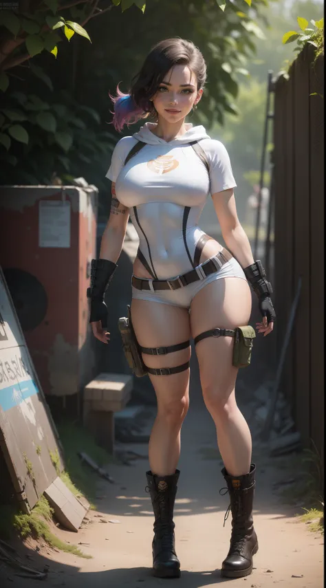 gwen tennyson,yorha 2b,lara croft,jill valentine,overwatch,tomb raider,close up, amazonian jungle ruins,tattoos,white and orange plugsuit,white short sleeve military leotard,sleeveless military hoodie,cargo shorts,military harness,short punk hair,punk make...