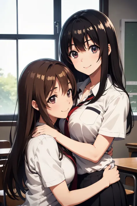 full body, japanese high school students, two girls, a girl with brown wavy hair and a girl with straight black hair, cute, big ...