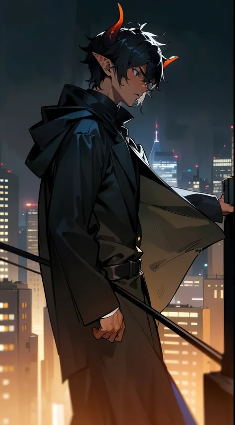 Masterpiece,best quality,hd,4k,waist-up view,close-up(1boy,20 years old,mature male),solo,((dark skin)),((black overcoat,hooded,)),Short hair,black hair,elf ear,(horns),(night,night city,skyscraper, city lights),from side,(serious face)