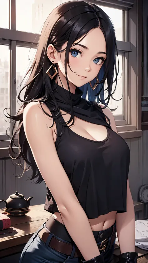 最high quality、best image quality、masterpiece、teenage girl((18-year-old、 By becoming、vest bust、medium bust,wide open breast tea、black eye, black hair、long hair、thin,highest valley、Perforated gloves、blue earrings、bandana、Black workwear、white t-shirt、smile、Th...