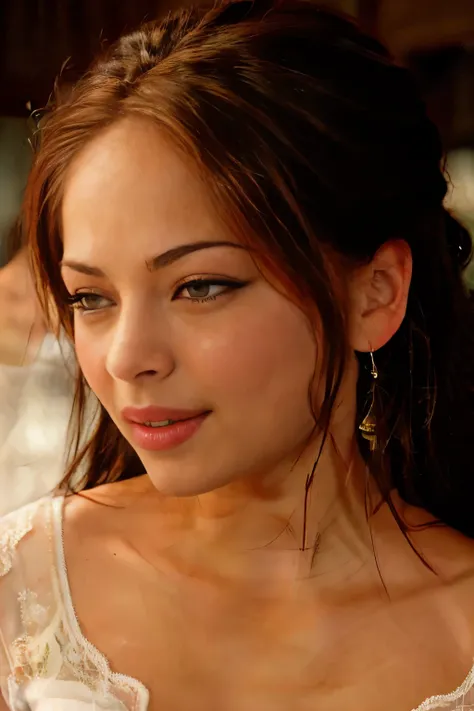 kristin kreuk, bigfaketits, a woman wearing flutter sleeve wedding dress, redhead, makeup, shallow depth of field, vignette, hig...