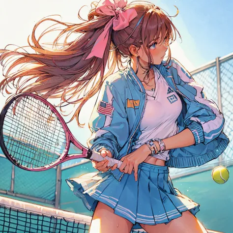 high quality,hd,16k,sharp line,1girl,female sport tennis athlete ,skirt lift up,cute face, large breasts, nice legs, sweat,in tennis venue,focus girl,detailed beautiful face,detailed clothes,beautiful eyes,pretty,dynamic angle