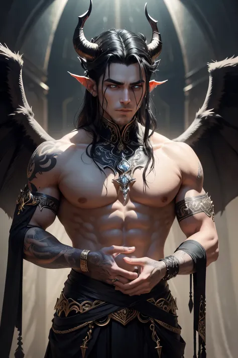 The enigmatic figure in this image is a demon, his visage striking with a contrasting mix of white and black hair cascading down to his shoulders. The horns atop his head are intricately detailed, their tips adorned with glistening jewelry. A line of formi...