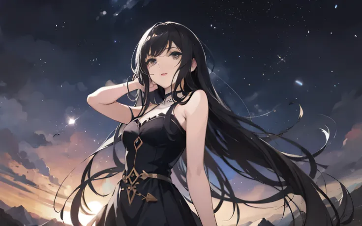 anime girl in black dress standing in front of a mountain, anime girl wearing a black dress, anime style 4k, anime girl with long hair, anime moe art style, beautiful anime girl, hd anime wallpaper, 4Kanime wallpaper, anime girl with cosmic hair, anime wal...