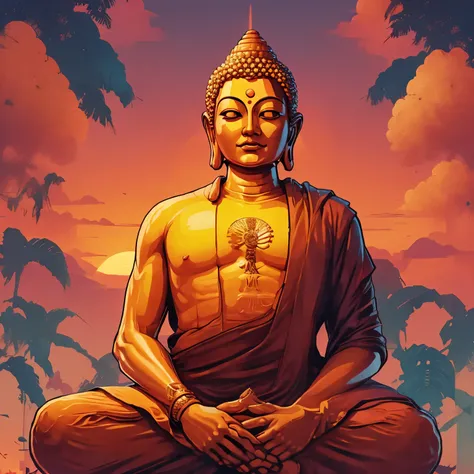 Buddha with his arms reaching  up to the sky his fingers are morphing into tree branches on the tree of life. The sky is exploding with hues of red orange and yellow as the golden hour is at its apex.