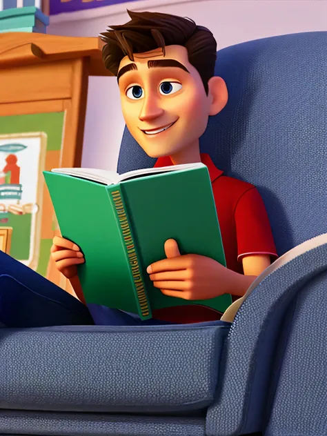 Pixarstyle of a student, 23 years old, studying, sentado lendo um livro, mesa de madeira, sala de estar, olhando para o livro, disney style.