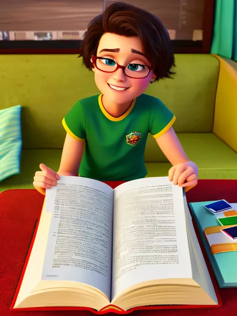 pixarstyle of a student, 23 years old, studying, sentado lendo um livro, mesa de madeira, sala de estar, olhando para o livro, d...