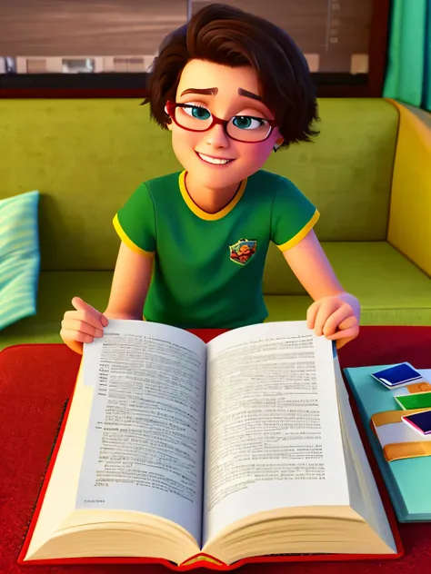 pixarstyle of a student, 23 years old, studying, sentado lendo um livro, mesa de madeira, sala de estar, olhando para o livro, d...