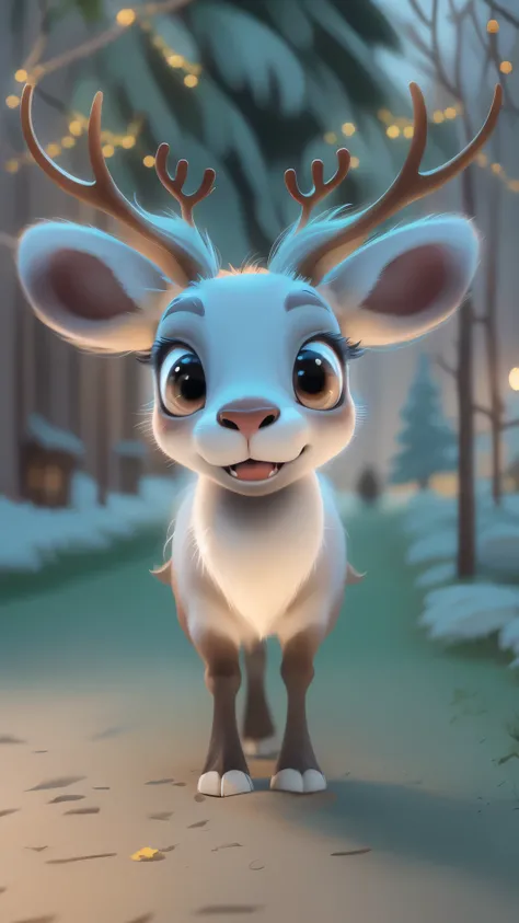 Cute reindeer walks from a distance，male，A pair of big horns，big eyes,  very cute，， front view，close up, Pixar style, best quality, stills, open mouth，Very happy，high detail，Super details，high quality, masterpiece, precise, 