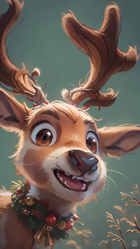 Cute Christmas reindeer，front view，close up, Pixar style, best quality, stills, very cute, big eyes,  winter christmas，open mouth，Very happy，high detail，Super details，high quality, masterpiece, precise, 