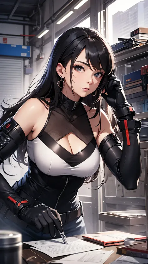 最high quality、best image quality、masterpiece、teenage girl((18-year-old、 By becoming、vest bust、medium bust,wide open breast tea、black eye, black hair、long hair、thin,highest valley、Perforated gloves、blue earrings、bandana、Black workwear、There is a spanner、bla...