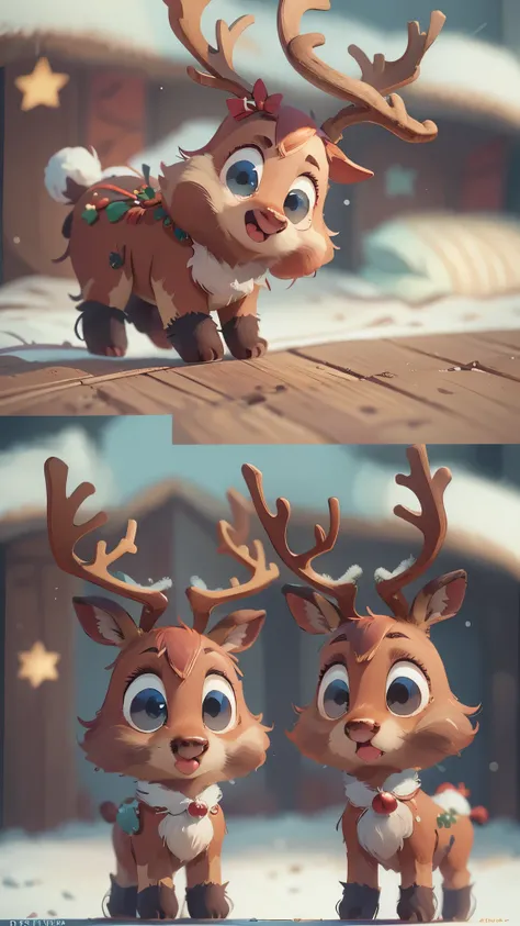 Cute Christmas reindeer，front view，close up, Pixar style, best quality, stills, very cute, big eyes,  winter christmas，open mouth，Very happy，high detail，Super details，high quality, masterpiece, precise, 