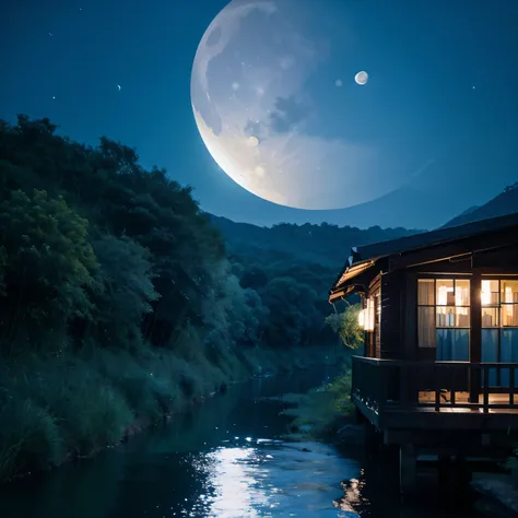 Light Blue mountains, a river between Village, river water shine in moonlight,evening time , a beautiful young girl watching the moon her house window,blue colour, moon, star , realistic image.