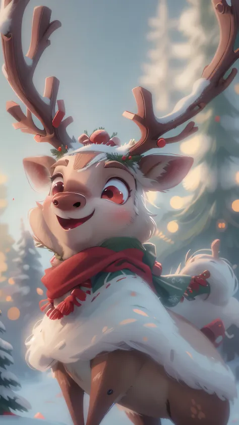 1 Christmas reindeer，front view，Lovely，big eyes,  Big tree branch-like horns，red scarf，Four groups，happy，open mouth，Pixar style, best quality, stills, winter，Christmas style，snowflake，Christmas tree，high detail，Super details，high quality, masterpiece, prec...