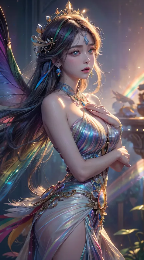 (Masterpiece), (Top Quality), ((Ultra Detail)), (High Resolution), (Very Detailed CG Illustration), ((Very Delicate and Beautiful)), (Sharp Focus), Cinematic Light , amazing fantasy art, mythical fantasy, dreams, ((rainbow)), fairy tales, mystical and magi...