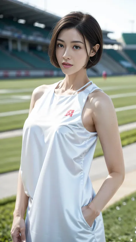 (((full bodyesbian)))、japanese beauty girl、((Short-cut hairstyles))、Perfect style、track and field uniform、beauty legs、kawaii、((Track & Field Athletes Women))、(((1人)))、((stadium))、Transcendent cute、A slight smil、Beautiful breasts、full bodyesbian、athletic fi...