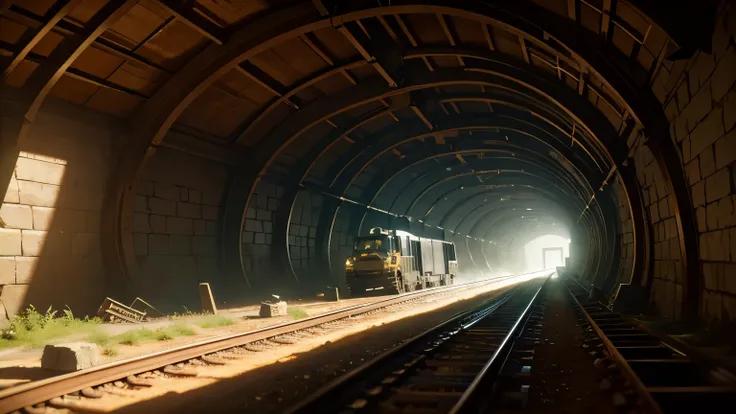 A realistic tunnel excavation site, meticulously rendered in earthy textures and tones, moody and atmospheric, chiaroscuro lighting casting long shadows, industrial and gritty, intricately detailed machinery and tools, cinematic perspective with a sense of...