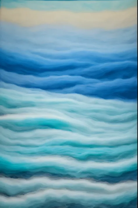 wool art made by continuous wawy lines of thin wool yarn strands,microber wool details, there is a painting of a wave of blue and white colors, volumetric wool felting, flowing teal-colored silk, blue - turquoise fog in the void, swirling water cosmos, woo...