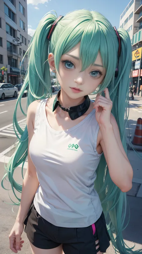 25 years old, Hatsune Miku, city, green hair, green eyes, vocaloid, girl in need, collar, white shirt, t-shirt, blue short, sleeveless, looking at viewer, standing, perfect finger, perfect face