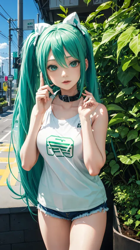 27 years old, Hatsune Miku, city, green hair, green eyes, vocaloid, girl in need, collar, white shirt, t-shirt, blue short, sleeveless, looking at viewer, standing, perfect finger, perfect face