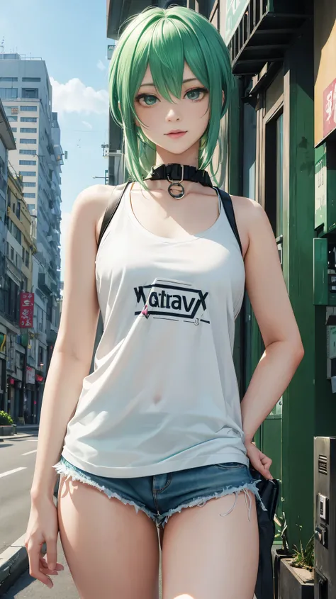 27 years old, Hatsune Miku, city, green hair, green eyes, vocaloid, girl in need, collar, white shirt, t-shirt, blue short, sleeveless, looking at viewer, standing, perfect finger, perfect face