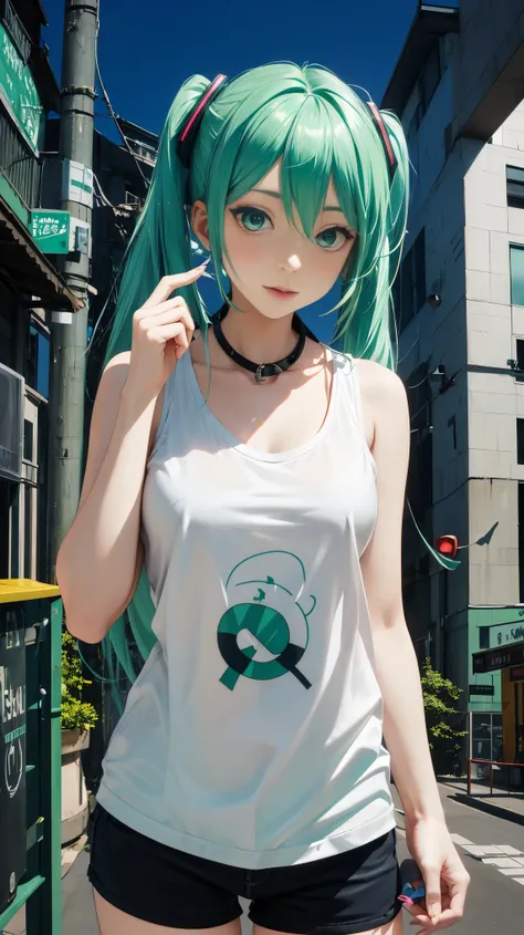 27 years old, Hatsune Miku, city, green hair, green eyes, vocaloid, girl in need, collar, white shirt, t-shirt, blue short, sleeveless, looking at viewer, standing, perfect finger, perfect face