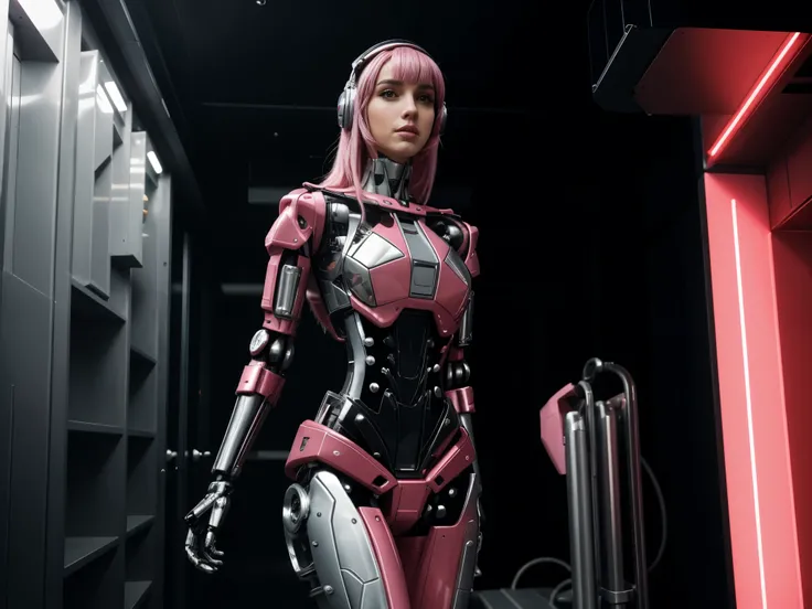 ana de armas as your cosplayer girlfriend, using a robot suit, larger breasts, ana de armas, silver suit, crhome shinny skin, mechanical joints, medium straight hair, pink pastel hair, blunt bangs , parted lips , mecha musume, futuristic headset, stand up,...