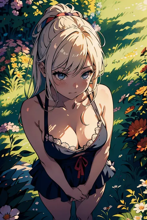 top view, anime style masterpiece, adult male and female couple, standing in a beautiful meadow at sunset, backlit, nude, both nude, tiny flowers blooming around, cleavage gently visible, bracing each others waists, deeply kissing with tongues, upper view,...