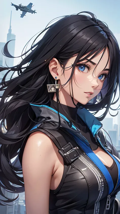 最high quality、best image quality、masterpiece、teenage girl((18-year-old、 By becoming、vest bust、medium bust,wide open breast tea、black eye, black hair、long hair、thin,highest valley、Perforated gloves、blue earrings、bandana、black stretch work clothes、There is a...