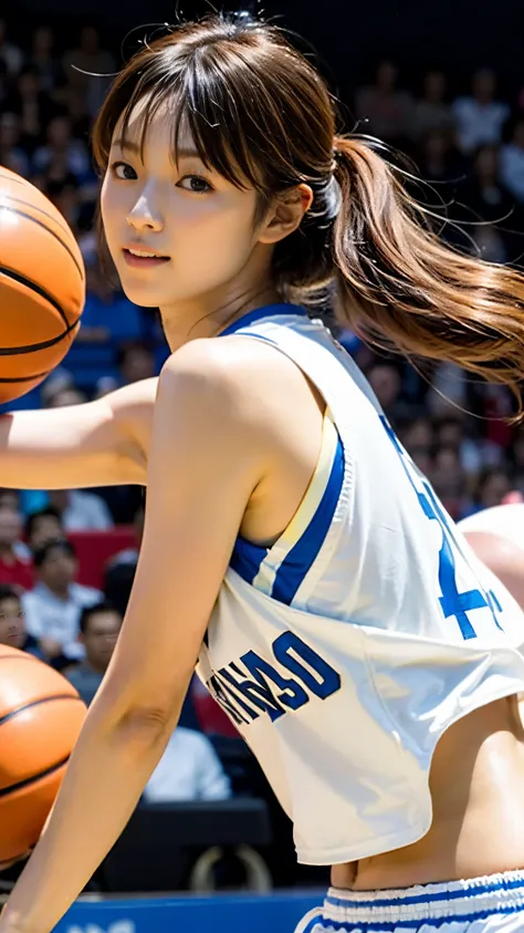 (((perfect anatomy))),(((A beautiful basketball player with outstanding style is running seriously with furrowed eyebrows on the court of a large basketball arena filled with spectators.))),A full-body photo of the moment he hit a three-point shot wearing ...